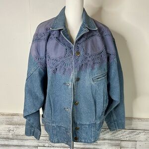 Vintage TOGETHER Denim & Battenberg Lace BOHO CHIC Bomber Style Jacket